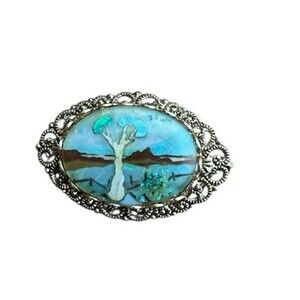 Vintage Brooch Beach Glass Mother of Pearl Abalone Gold Tone Filigree Signed